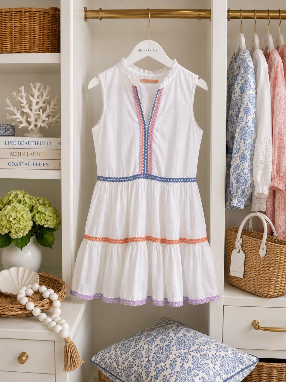 Oliphant White Sleeveless Tiered Mini Dress with Pastel Trim